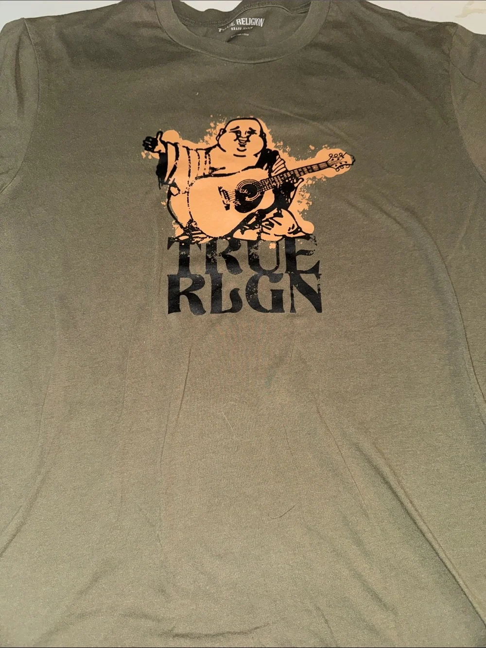 True Religion Olive Green Tee with Orange and Black Graphic